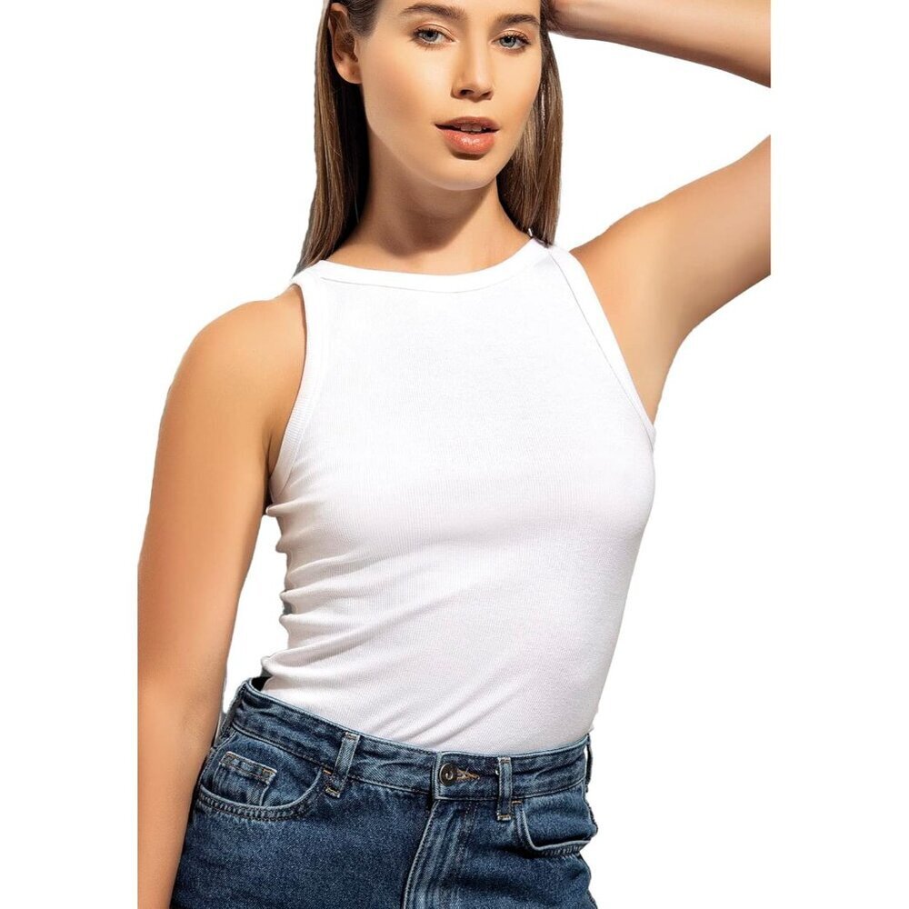 High Neck Tank Top Women's Ribbed Cotton Spandex Fit Breathable Cute